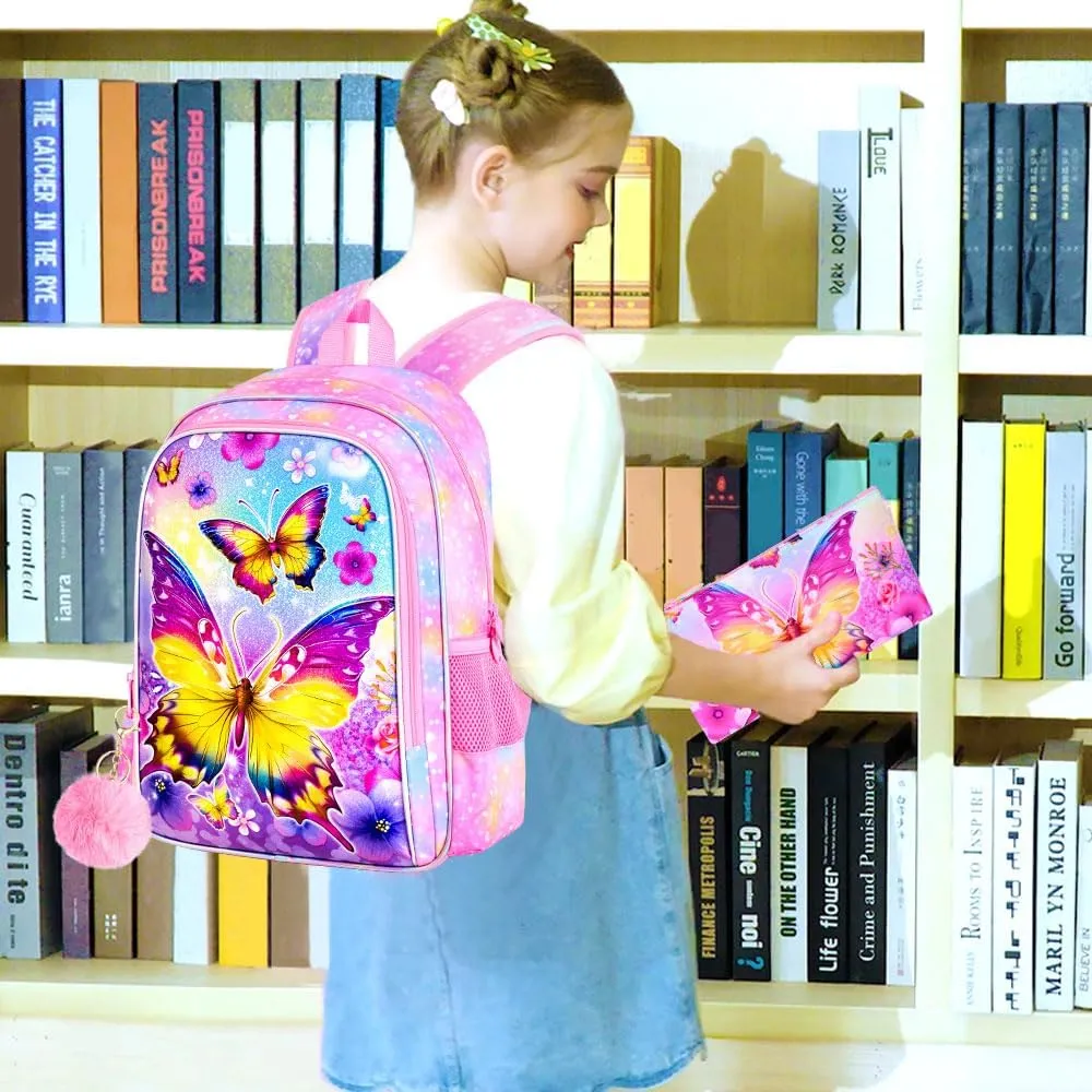CCJPX 3PCS Kids Backpack for Girls, 16 Inch Butterfly Preschool School Backpacks with Lunch Box, Water Resistant Bookbag for Elementary Toddler Travel