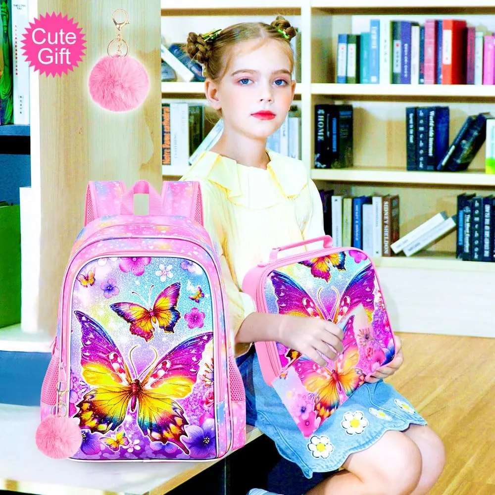 CCJPX 3PCS Kids Backpack for Girls, 16 Inch Butterfly Preschool School Backpacks with Lunch Box, Water Resistant Bookbag for Elementary Toddler Travel
