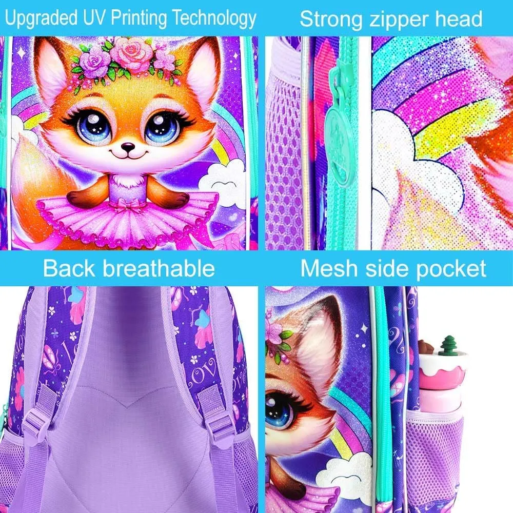 CCJPX 3PCS Kids Backpack for Girls,16 inch Fox Ballet Preschool Backpacks Set, Cute Ballet Water Resistant Kindergarten School Bookbag for Elementary Kids Travel