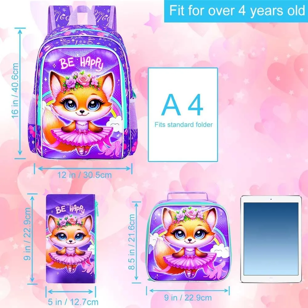 CCJPX 3PCS Kids Backpack for Girls,16 inch Fox Ballet Preschool Backpacks Set, Cute Ballet Water Resistant Kindergarten School Bookbag for Elementary Kids Travel
