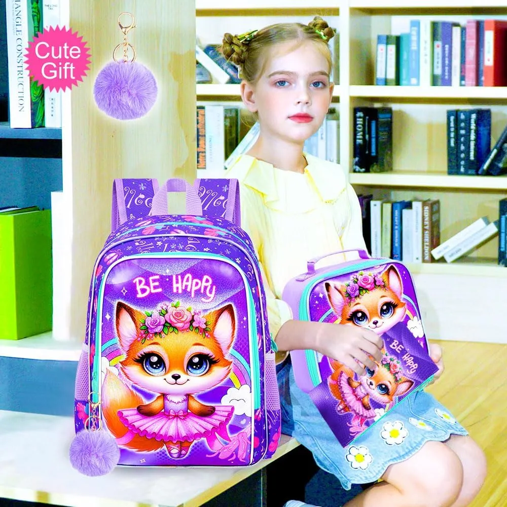 CCJPX 3PCS Kids Backpack for Girls,16 inch Fox Ballet Preschool Backpacks Set, Cute Ballet Water Resistant Kindergarten School Bookbag for Elementary Kids Travel