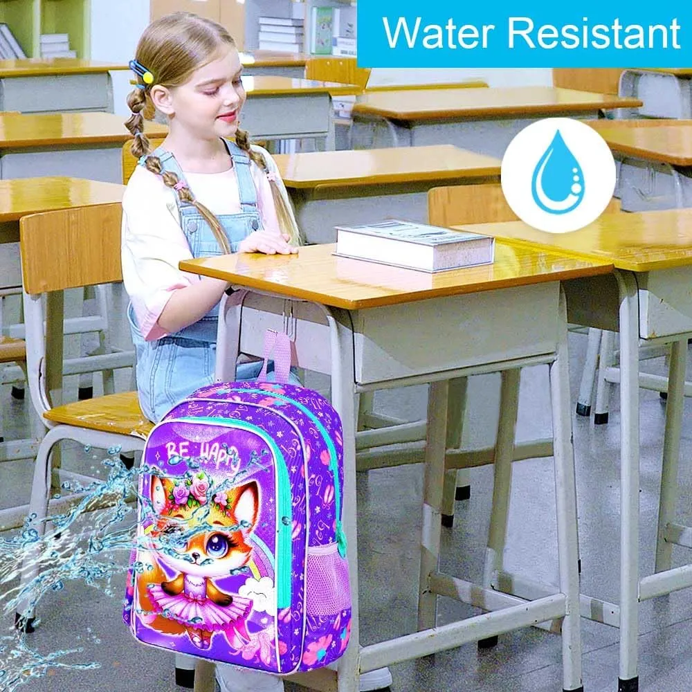 CCJPX 3PCS Kids Backpack for Girls,16 inch Fox Ballet Preschool Backpacks Set, Cute Ballet Water Resistant Kindergarten School Bookbag for Elementary Kids Travel