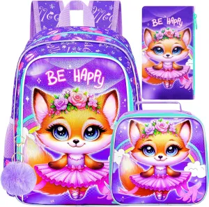 CCJPX 3PCS Kids Backpack for Girls,16 inch Fox Ballet Preschool Backpacks Set, Cute Ballet Water Resistant Kindergarten School Bookbag for Elementary Kids Travel