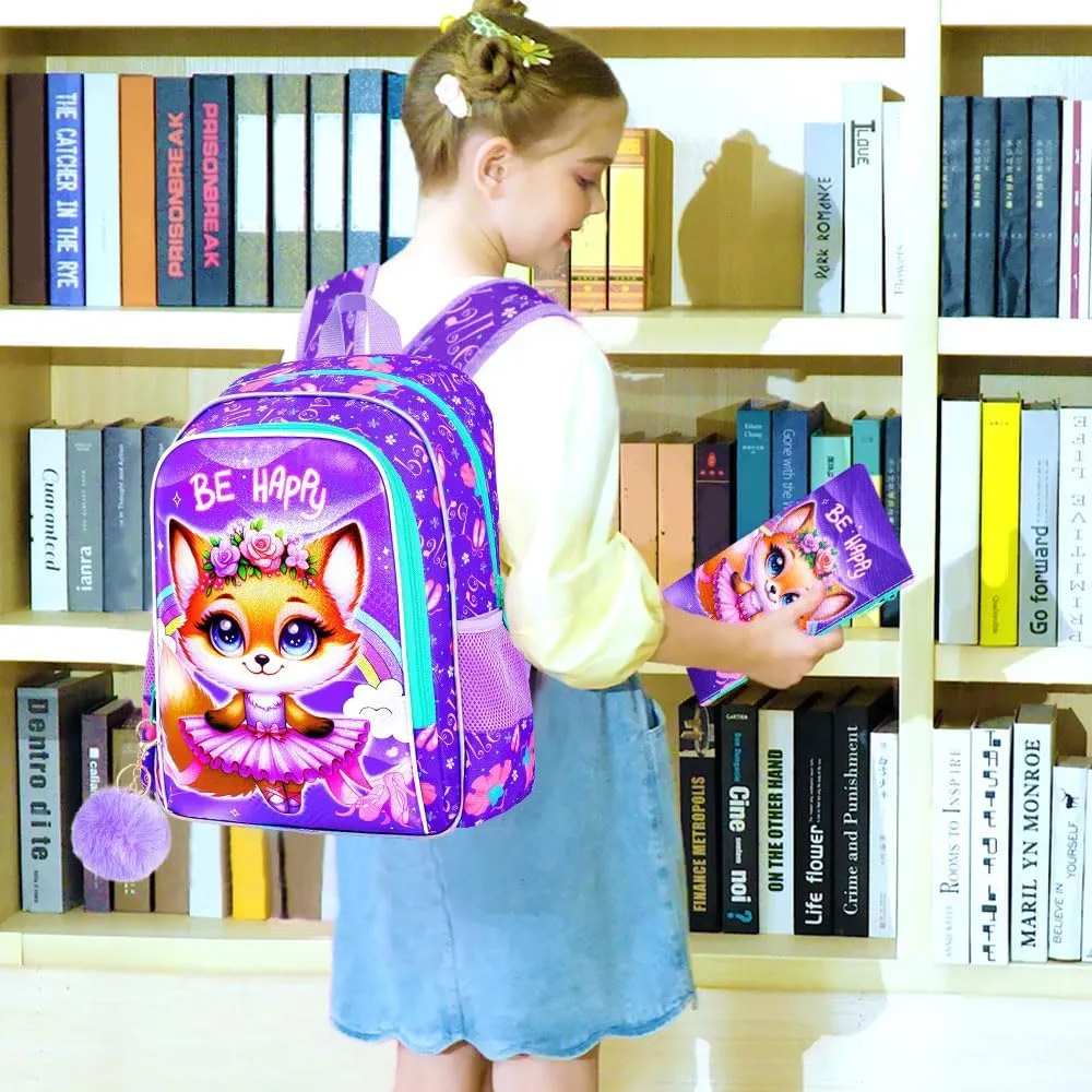 CCJPX 3PCS Kids Backpack for Girls,16 inch Fox Ballet Preschool Backpacks Set, Cute Ballet Water Resistant Kindergarten School Bookbag for Elementary Kids Travel