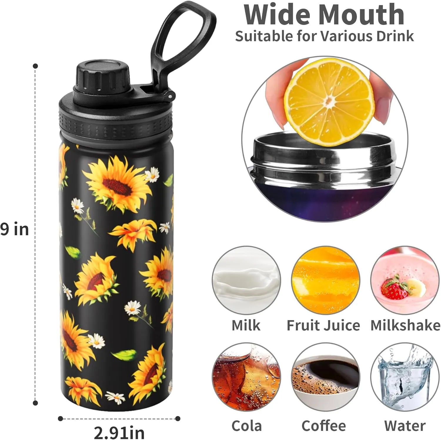 Cerburny Water Bottle Sunflower 18 oz Stainless Steel Insulated Bottles With Lid Wide Mouth Gym Sports Water Jug For Women Mom Mother