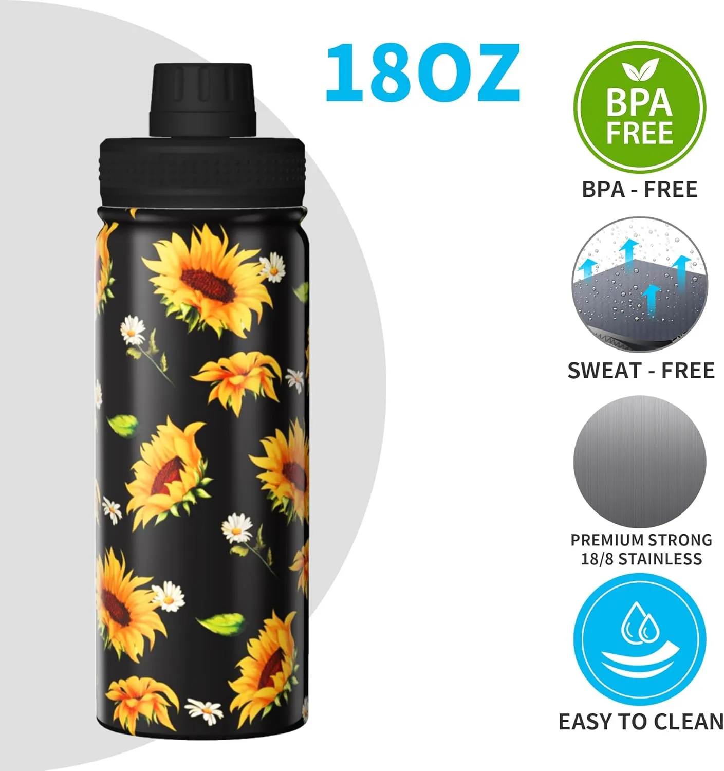 Cerburny Water Bottle Sunflower 18 oz Stainless Steel Insulated Bottles With Lid Wide Mouth Gym Sports Water Jug For Women Mom Mother