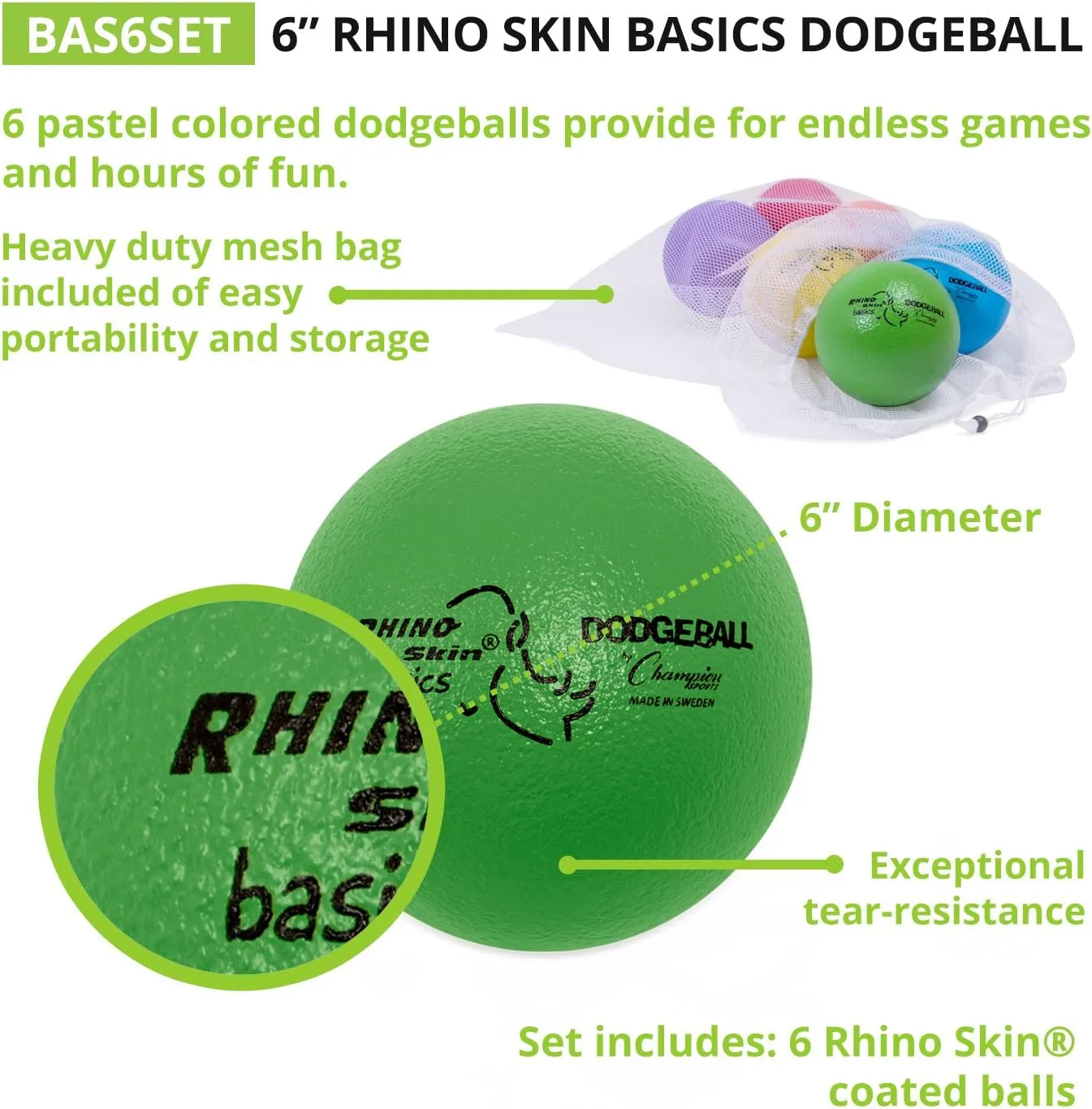 Champion Sports Rhino Skin Basic Dodgeball Set of 6 Balls
