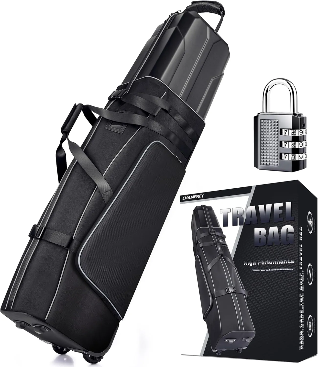 CHAMPKEY High Performance Hard Shell Top Golf Travel Bag - Oversized Wheels Golf Travel Cover - Come with Password Locker Golf Bag