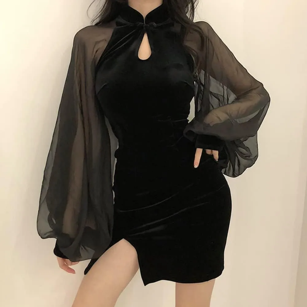 Cheongsam Slim Fit Sexy Bodycon Dress Going Out Date Night Waist Mini Short Wrap Mesh Dress Split Hem Party Clubwear