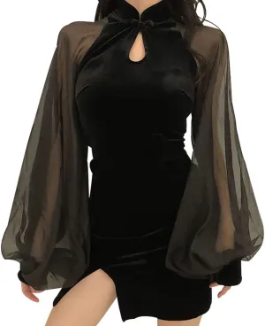 Cheongsam Slim Fit Sexy Bodycon Dress Going Out Date Night Waist Mini Short Wrap Mesh Dress Split Hem Party Clubwear