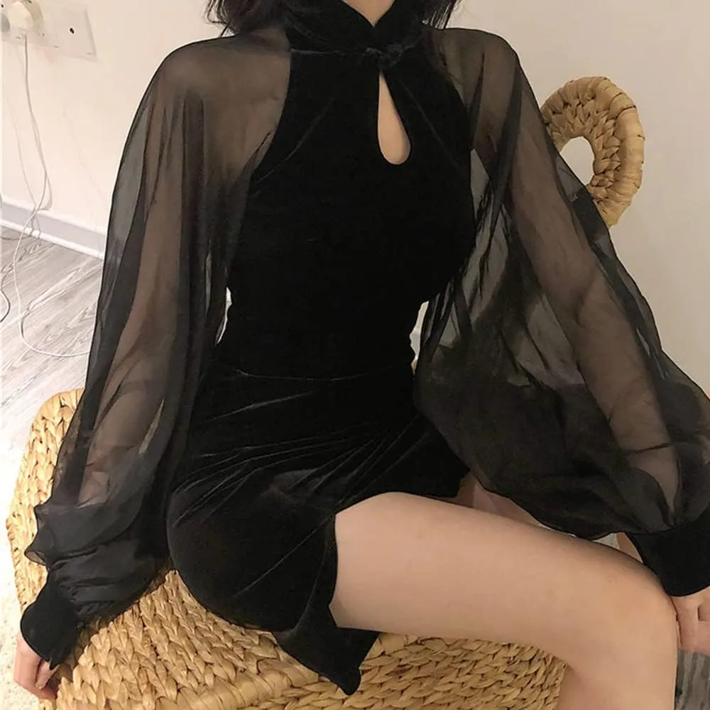 Cheongsam Slim Fit Sexy Bodycon Dress Going Out Date Night Waist Mini Short Wrap Mesh Dress Split Hem Party Clubwear