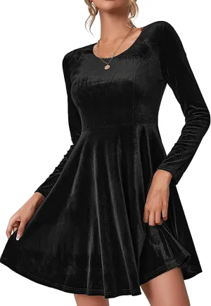 Chigant Women's Velvet Dress Long Sleeve Cocktail Christmas Party Club Dresses Flare Swing Mini Prom Dress for Wedding Guest