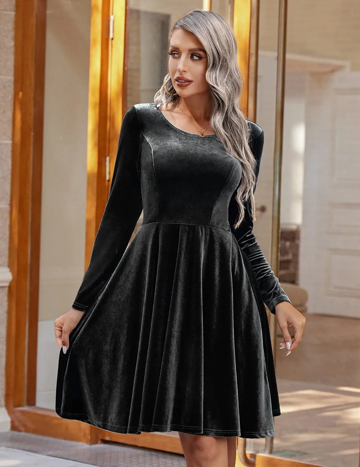 Chigant Women's Velvet Dress Long Sleeve Cocktail Christmas Party Club Dresses Flare Swing Mini Prom Dress for Wedding Guest
