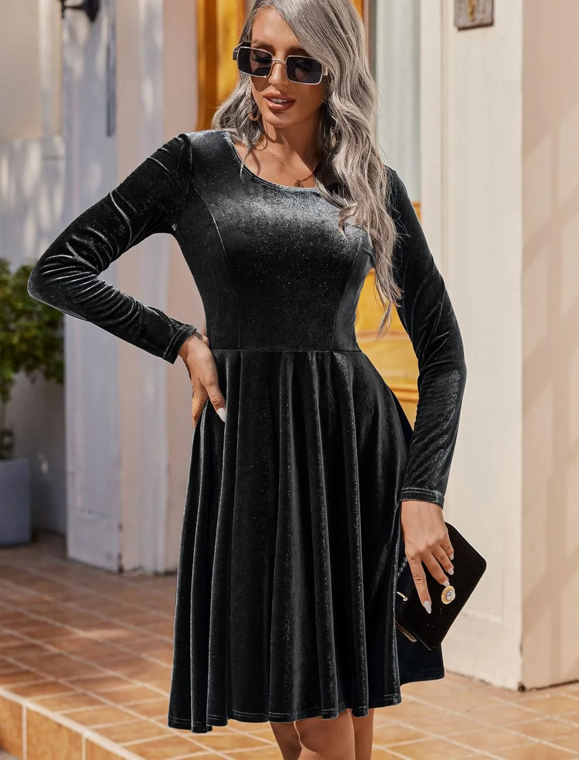 Chigant Women's Velvet Dress Long Sleeve Cocktail Christmas Party Club Dresses Flare Swing Mini Prom Dress for Wedding Guest
