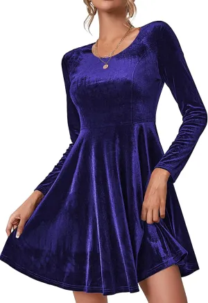 Chigant Women's Velvet Dress Long Sleeve Cocktail Christmas Party Club Dresses Flare Swing Mini Prom Dress for Wedding Guest