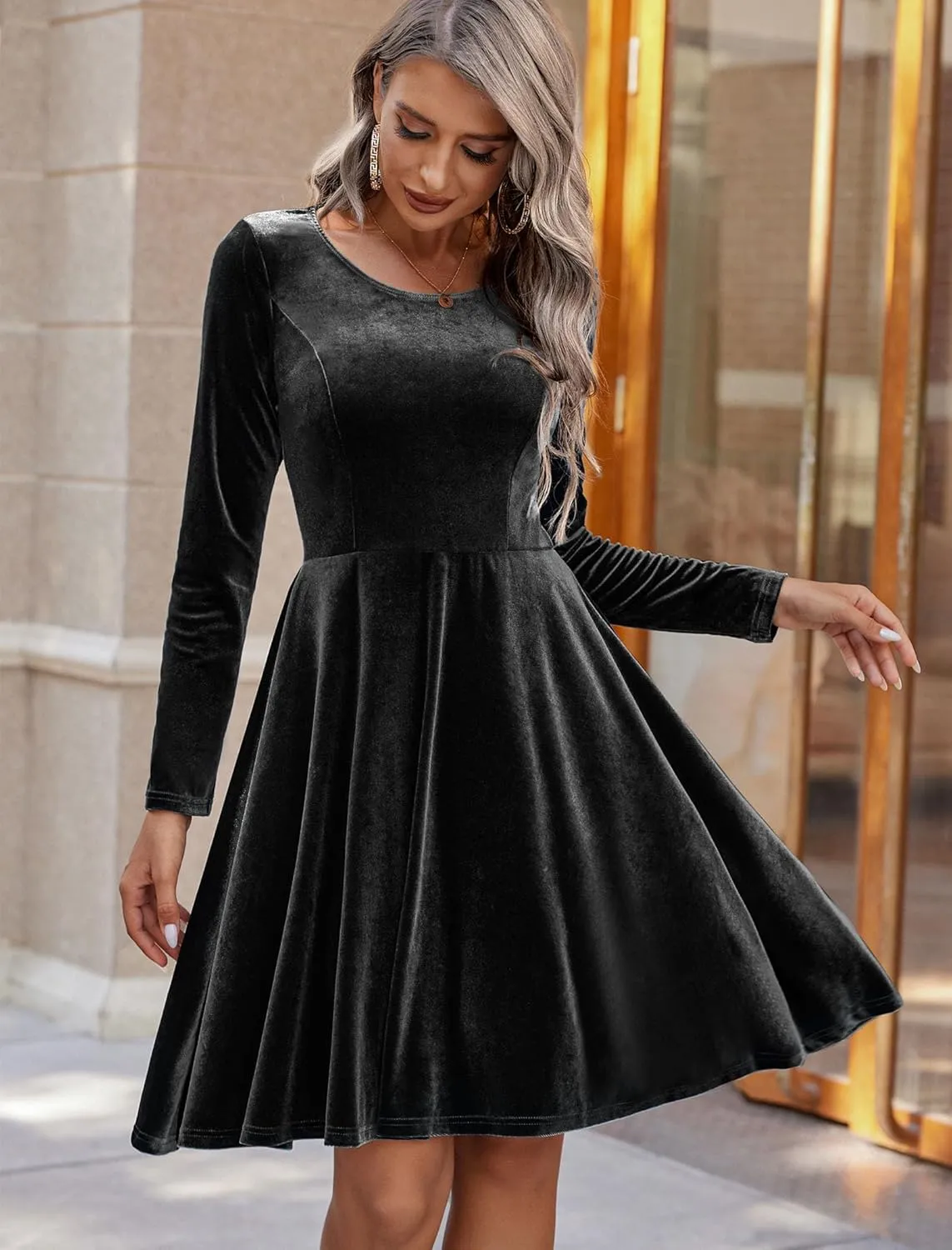 Chigant Women's Velvet Dress Long Sleeve Cocktail Christmas Party Club Dresses Flare Swing Mini Prom Dress for Wedding Guest