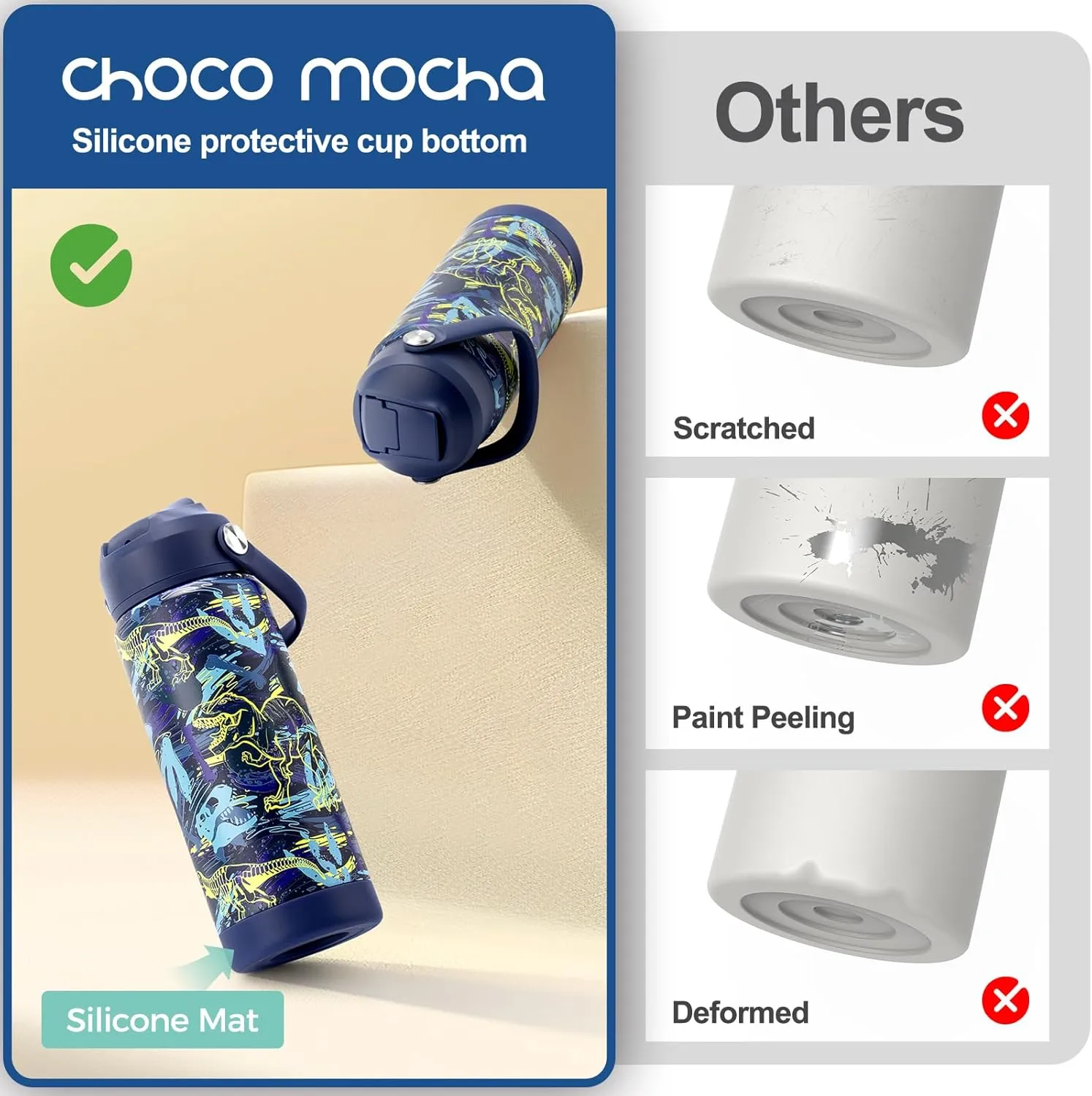 Choco Mocha Kids Water Bottle For School, Kids Insulated Dinosaurs Water Bottle Stainless Steel for Boys,18Oz Blue