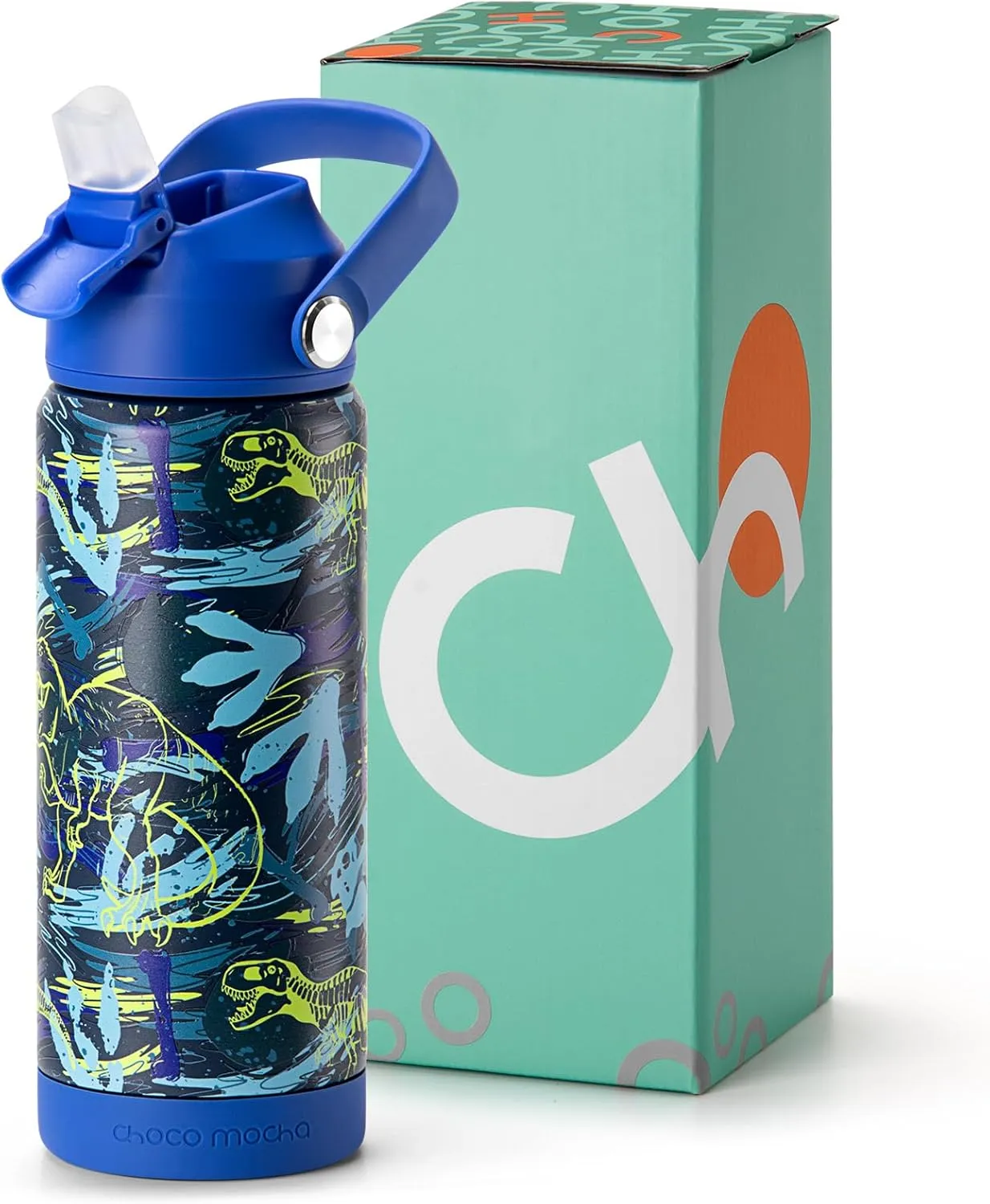 Choco Mocha Kids Water Bottle For School, Kids Insulated Dinosaurs Water Bottle Stainless Steel for Boys,18Oz Blue