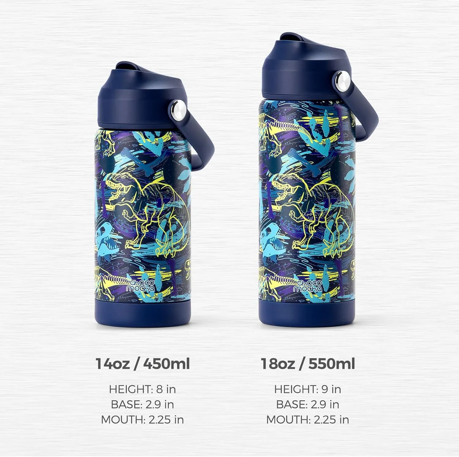 Choco Mocha Kids Water Bottle For School, Kids Insulated Dinosaurs Water Bottle Stainless Steel for Boys,18Oz Blue