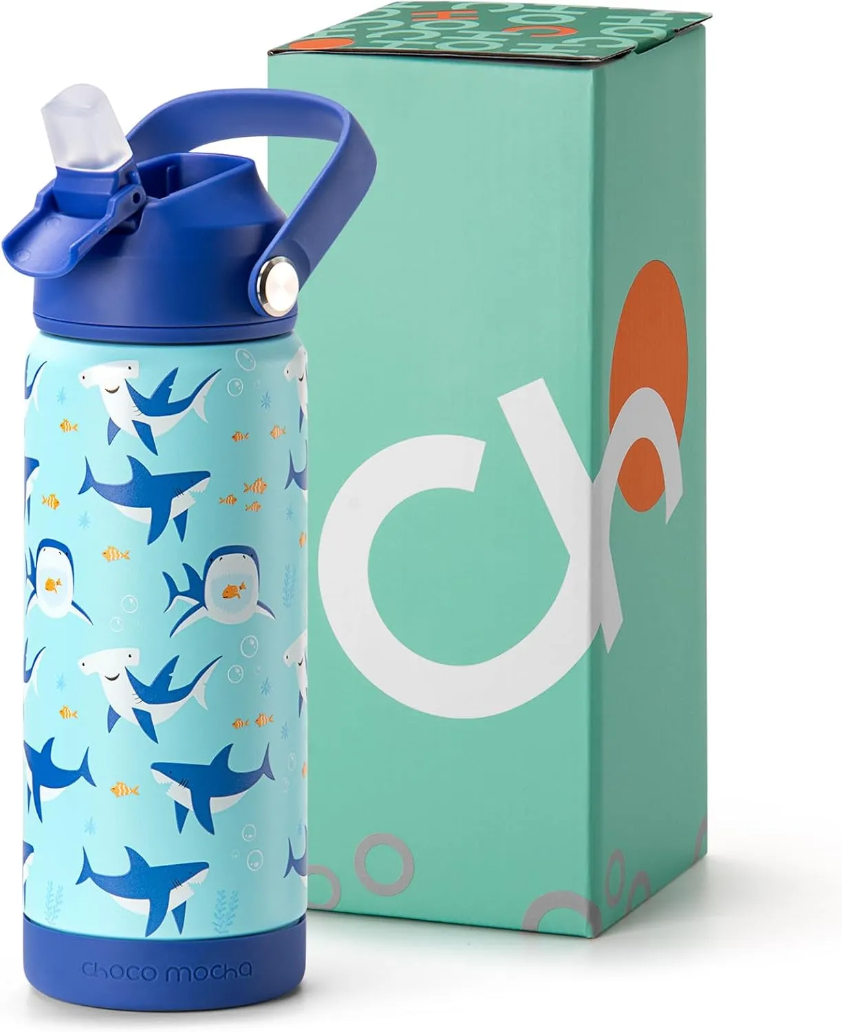 Choco Mocha Kids Water Bottle For School, Kids Insulated Shark Water Bottle Stainless Steel for Boys,18Oz Blue