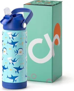Choco Mocha Kids Water Bottle For School, Kids Insulated Shark Water Bottle Stainless Steel for Boys,18Oz Blue