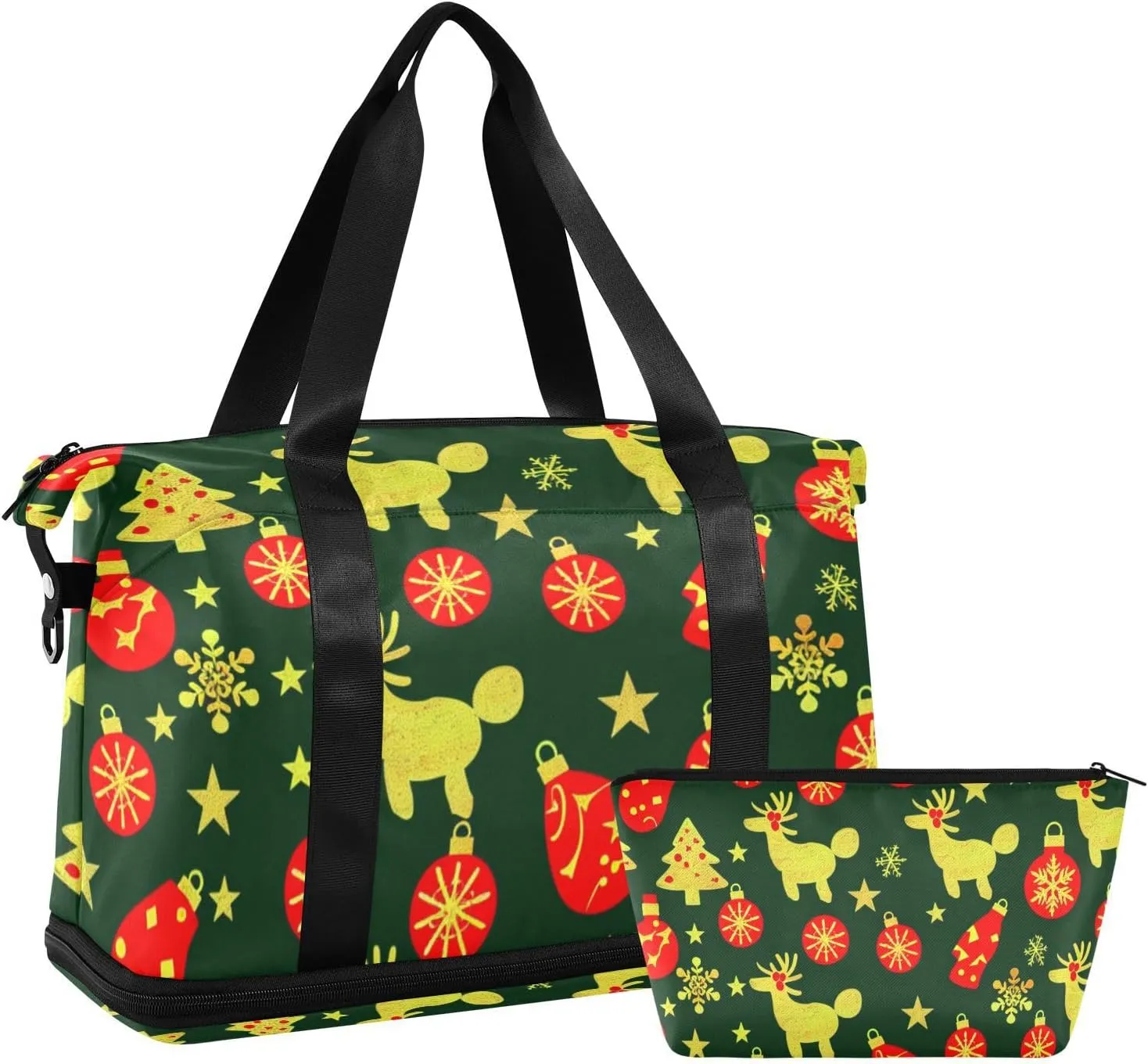 Christmas Deco Gold Deer Overnight Travel Duffel Bag Overnight Carry On Tote and Luggage with Toiletry Bag for Trip Waterproof
