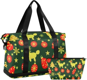 Christmas Deco Gold Deer Overnight Travel Duffel Bag Overnight Carry On Tote and Luggage with Toiletry Bag for Trip Waterproof