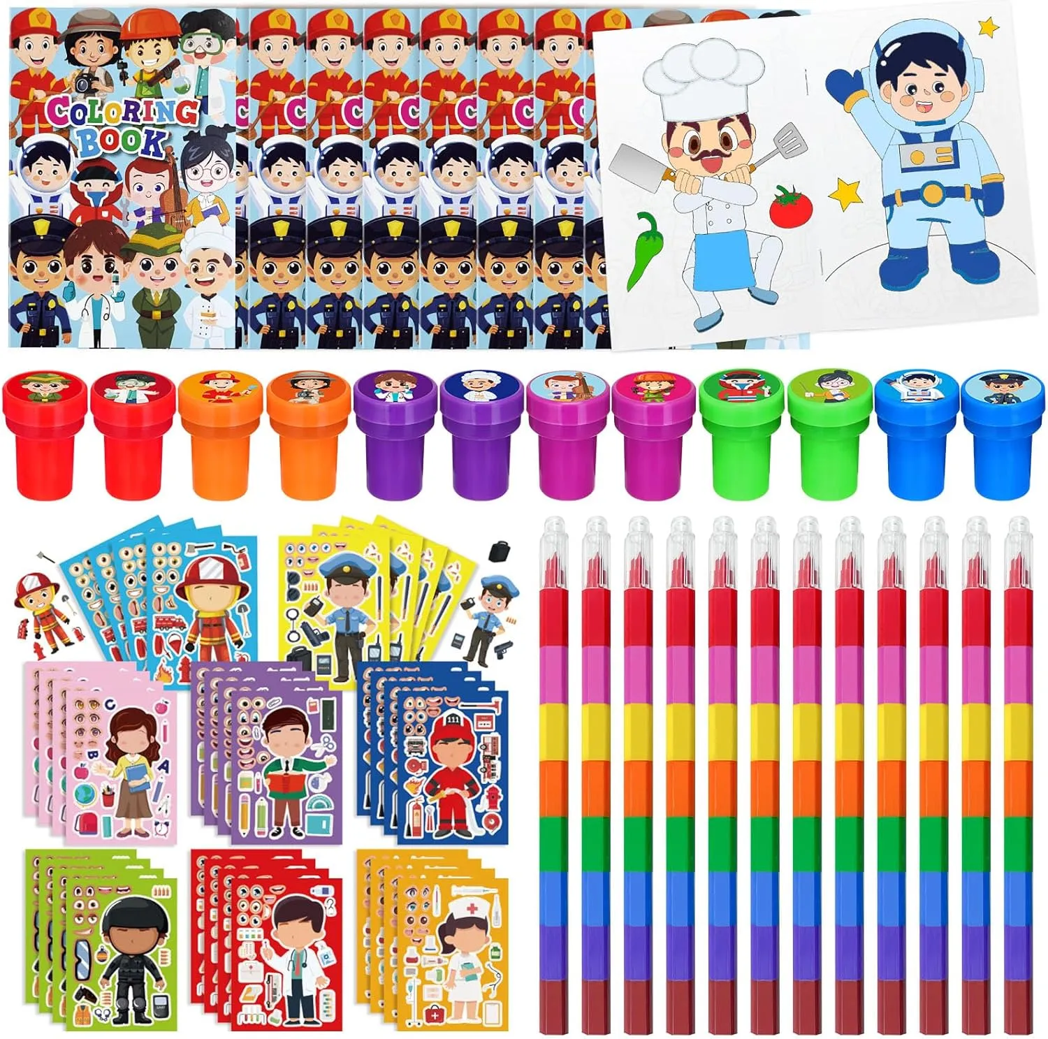 Cinrobiye 48 Pcs Community Helpers Coloring Books Bulk，Toddlers Preschool Learning Transportation Party Favors Occupation Post Stickers，Police Fireman Teacher Birthday Supplies Goodie Bag Fillers