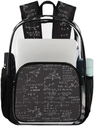 Clear Backpack and Printed Pockets Mathematical Formula Heavy Duty PVC Transparent Bag with Mesh Calculation Formula Colored Strap for Work, College，Sports