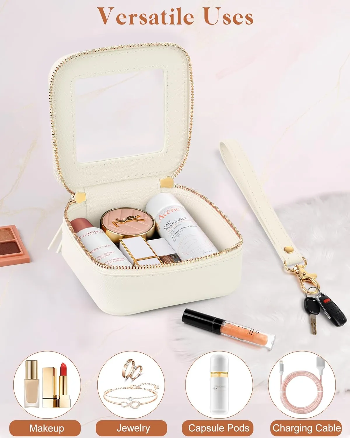 Clear Makeup Bag | Mini Makeup Bag | Small Makeup Bag/Small Cosmetic Bag for Purse | Cute Leather Makeup Pouch | Purse Organizer | Car Travel Pouch Essentials for Women Gift (Beige Mini)