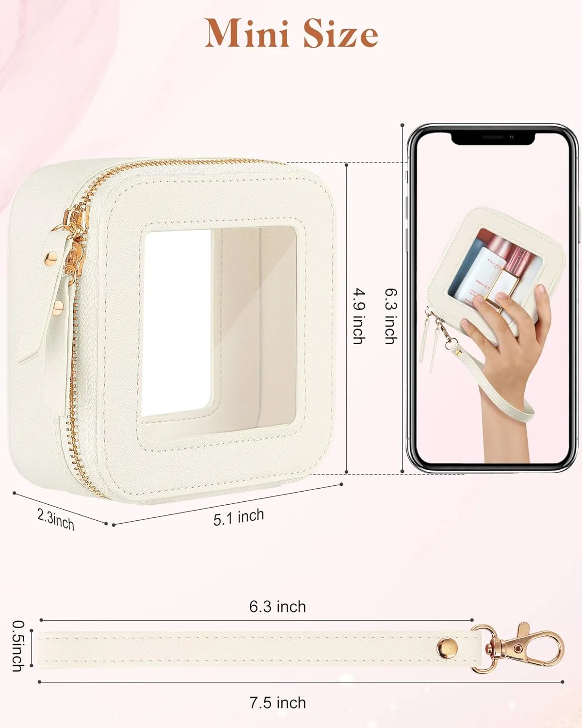Clear Makeup Bag | Mini Makeup Bag | Small Makeup Bag/Small Cosmetic Bag for Purse | Cute Leather Makeup Pouch | Purse Organizer | Car Travel Pouch Essentials for Women Gift (Beige Mini)