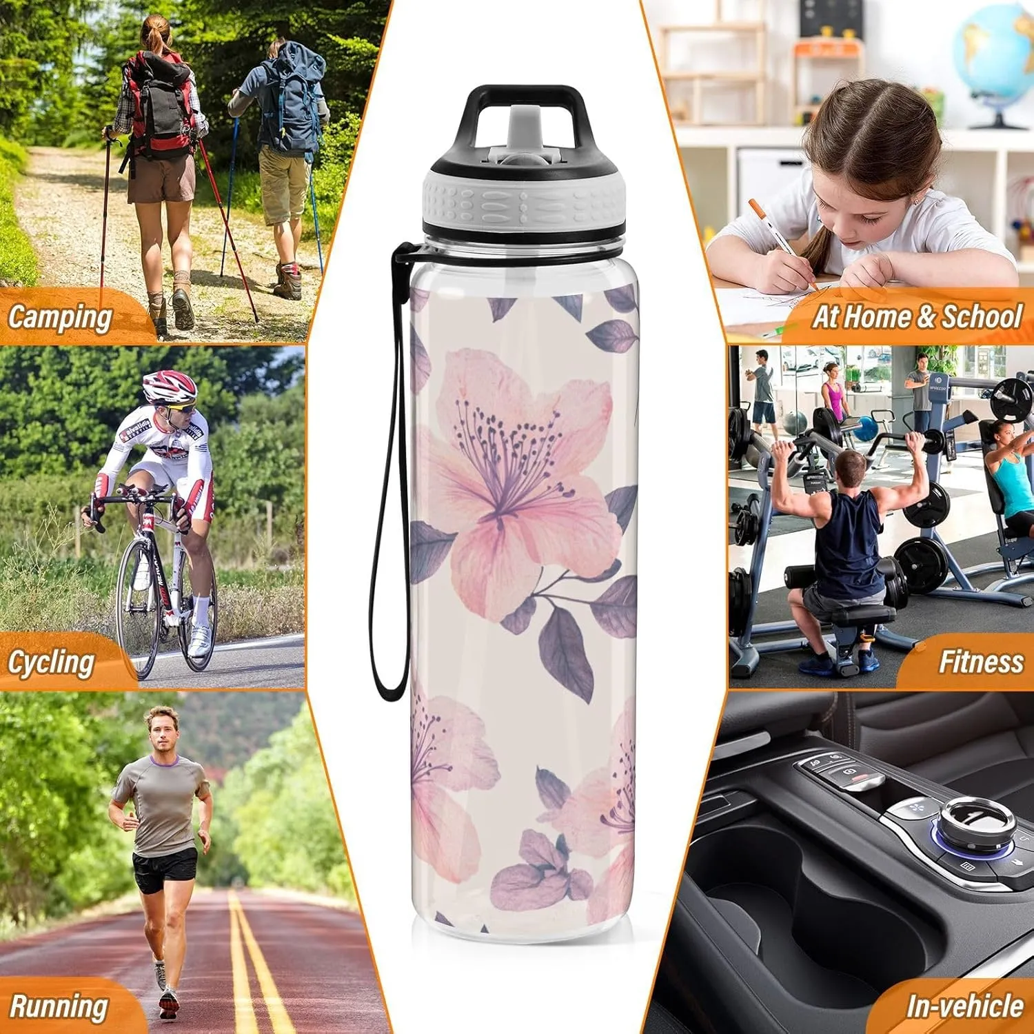 Clear Tritan Sports Water Bottle with Straw for Adults Kids Leakproof 32oz Bpa Free Plastic Water Bottle for Bike Gym School Travel Boho Azalea Pink