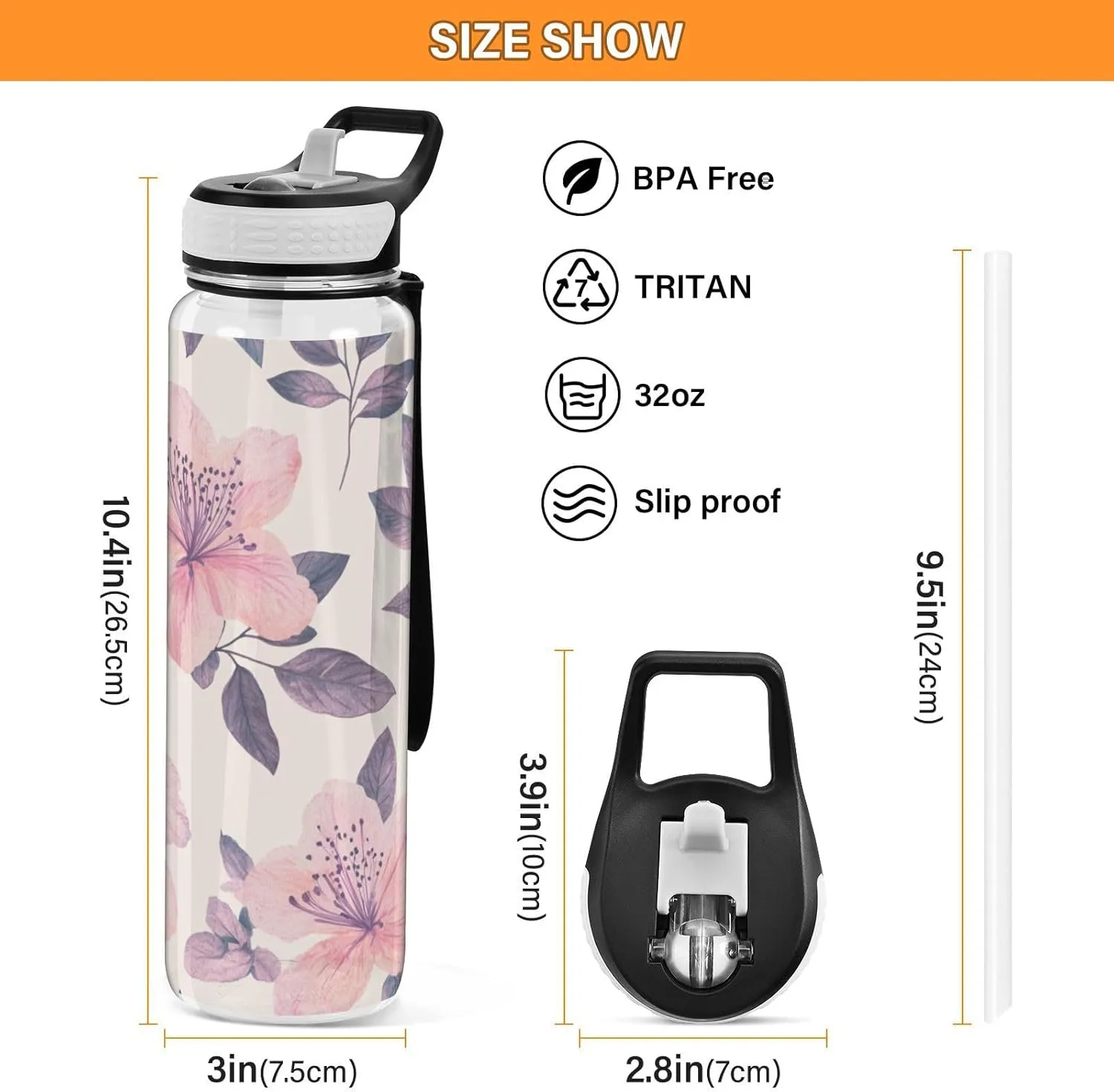 Clear Tritan Sports Water Bottle with Straw for Adults Kids Leakproof 32oz Bpa Free Plastic Water Bottle for Bike Gym School Travel Boho Azalea Pink