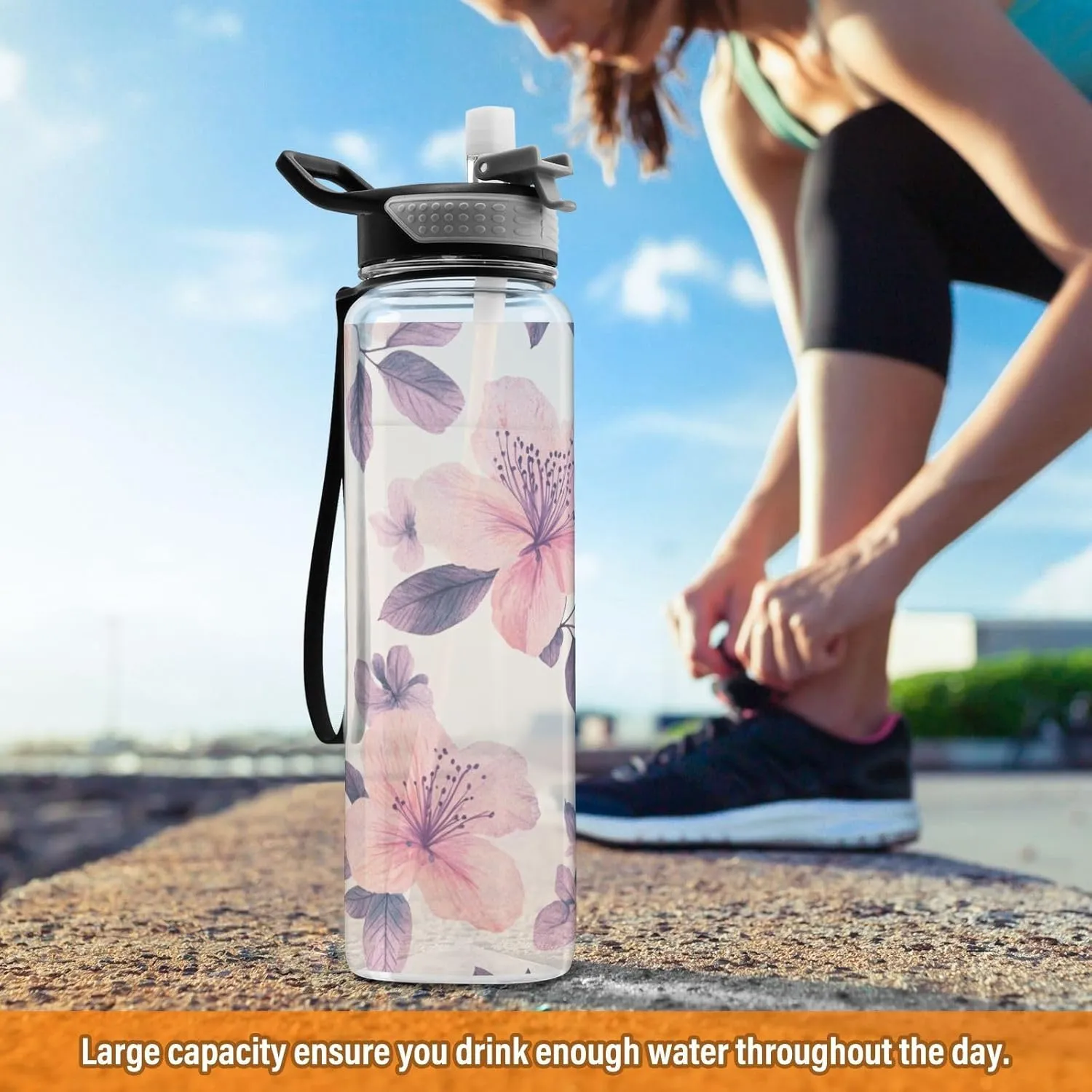 Clear Tritan Sports Water Bottle with Straw for Adults Kids Leakproof 32oz Bpa Free Plastic Water Bottle for Bike Gym School Travel Boho Azalea Pink