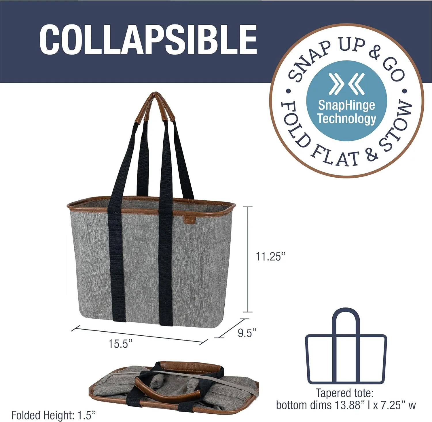 CleverMade Collapsible LUXE Tote - Grey Black 1 Pack 20L / 5 Gal- Reusable Utility Grocery Shopping Storage Bag Organizer w/ Handles Reinforced Bottom