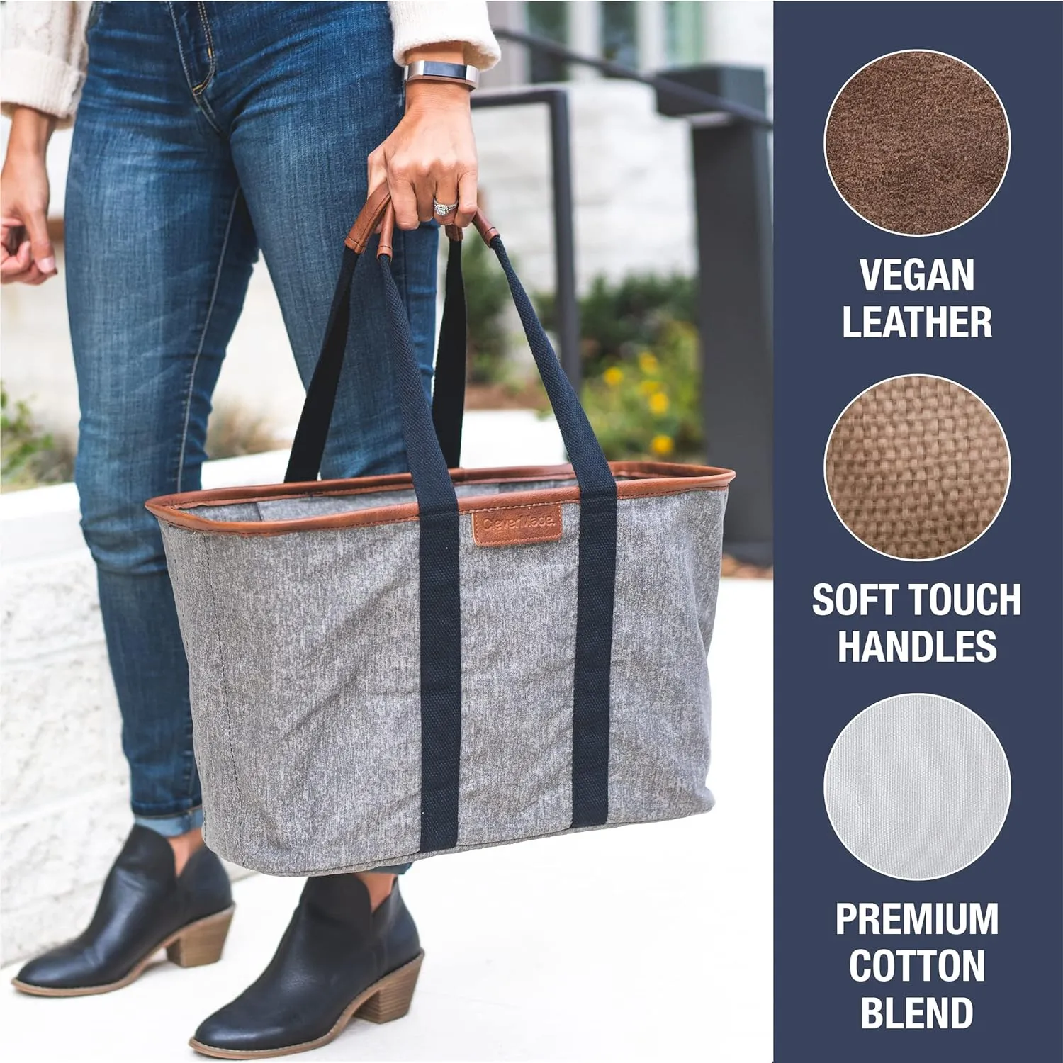 CleverMade Collapsible LUXE Tote - Grey Black 1 Pack 20L / 5 Gal- Reusable Utility Grocery Shopping Storage Bag Organizer w/ Handles Reinforced Bottom