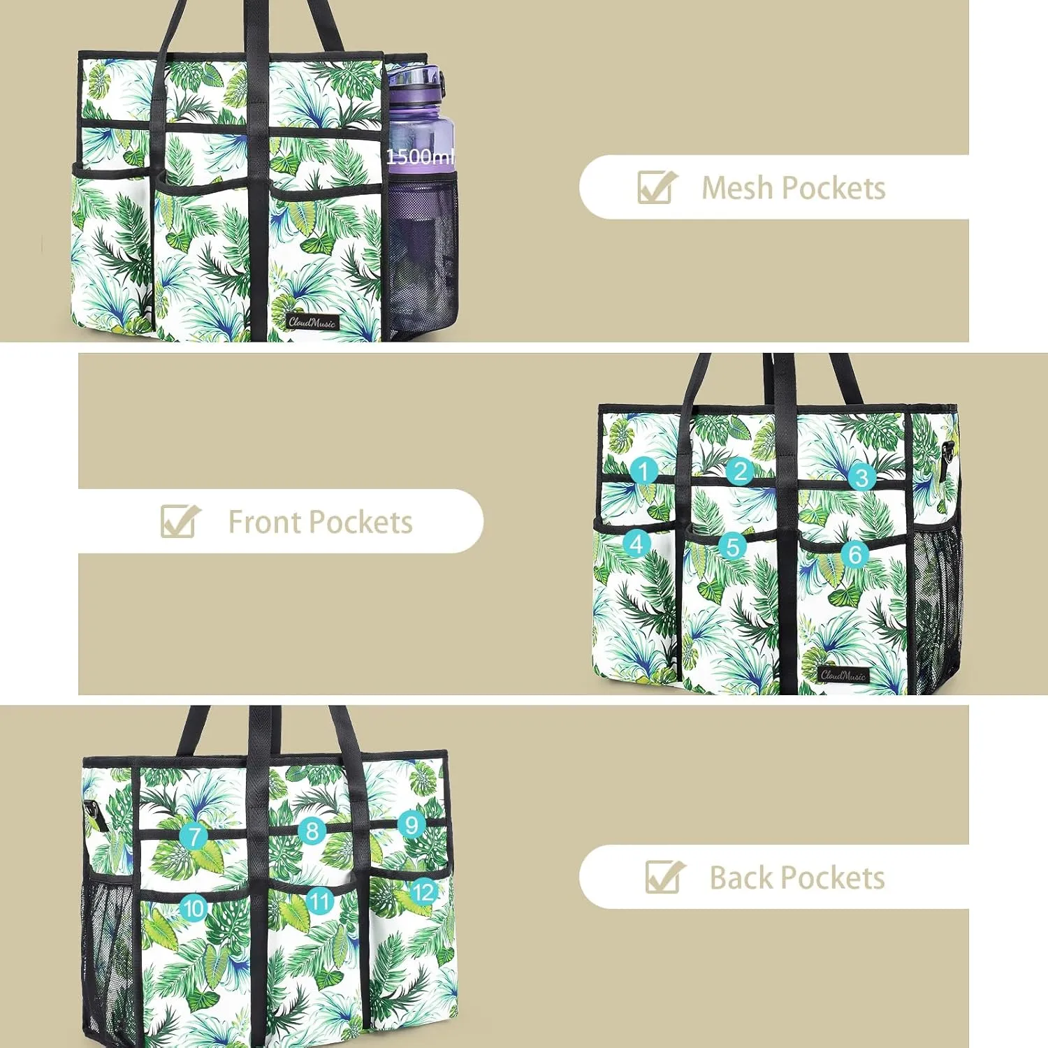CLOUDMUSIC Large Tote Bag For Women Travel Nurse Teacher Work Waterpoof With Zipper Utility Everything Bags