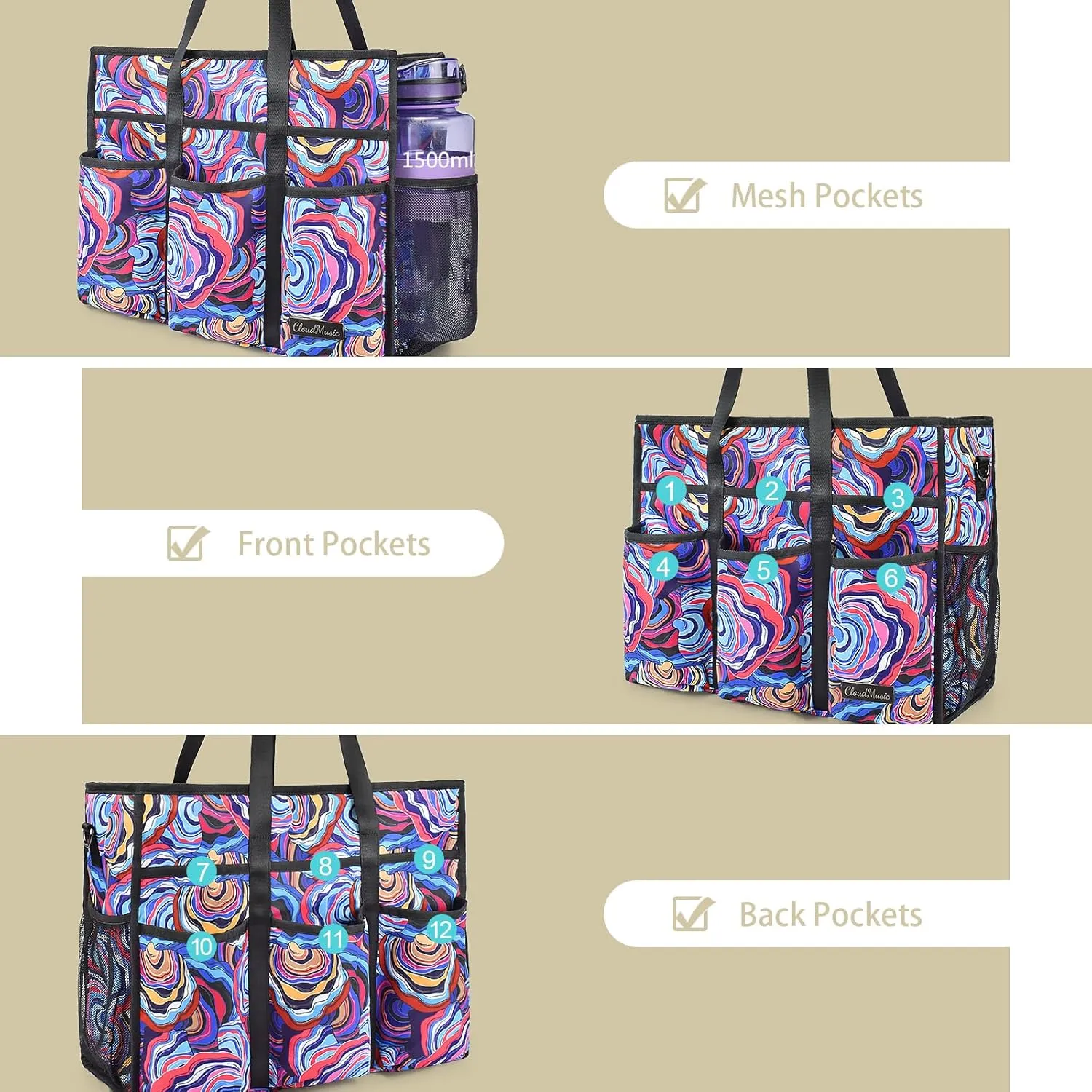 CLOUDMUSIC Large Tote Bag For Women Travel Nurse Teacher Work Waterpoof With Zipper Utility Everything Bags