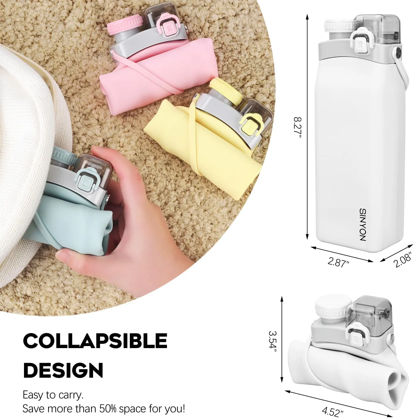Collapsible Water Bottles, 20oz Silicone Reusable Water Bottle with Straw and Strap, Leakproof Foldable Sports Water Bottle for Travel Camping Running Hiking Gym, BPA Free