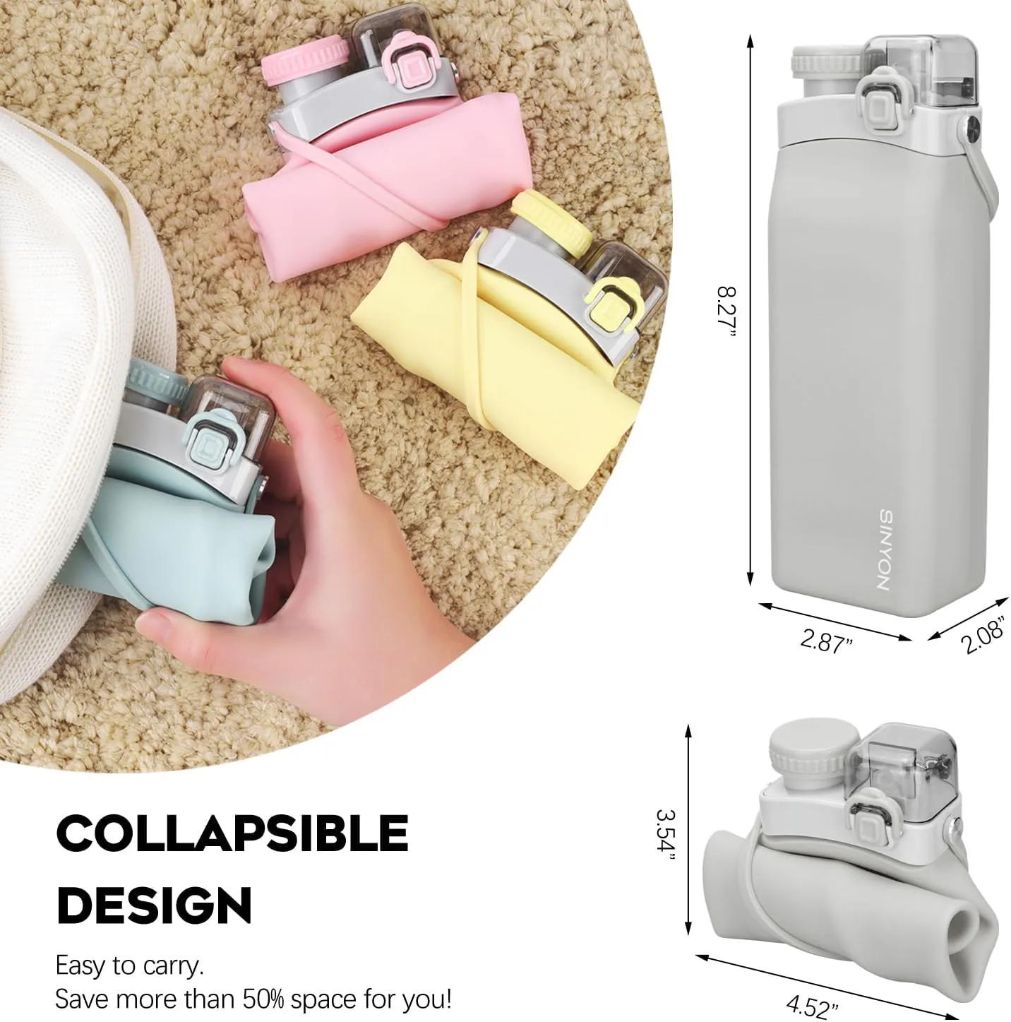 Collapsible Water Bottles, 20oz Silicone Reusable Water Bottle with Straw and Strap, Leakproof Foldable Sports Water Bottle for Travel Camping Running Hiking Gym, BPA Free