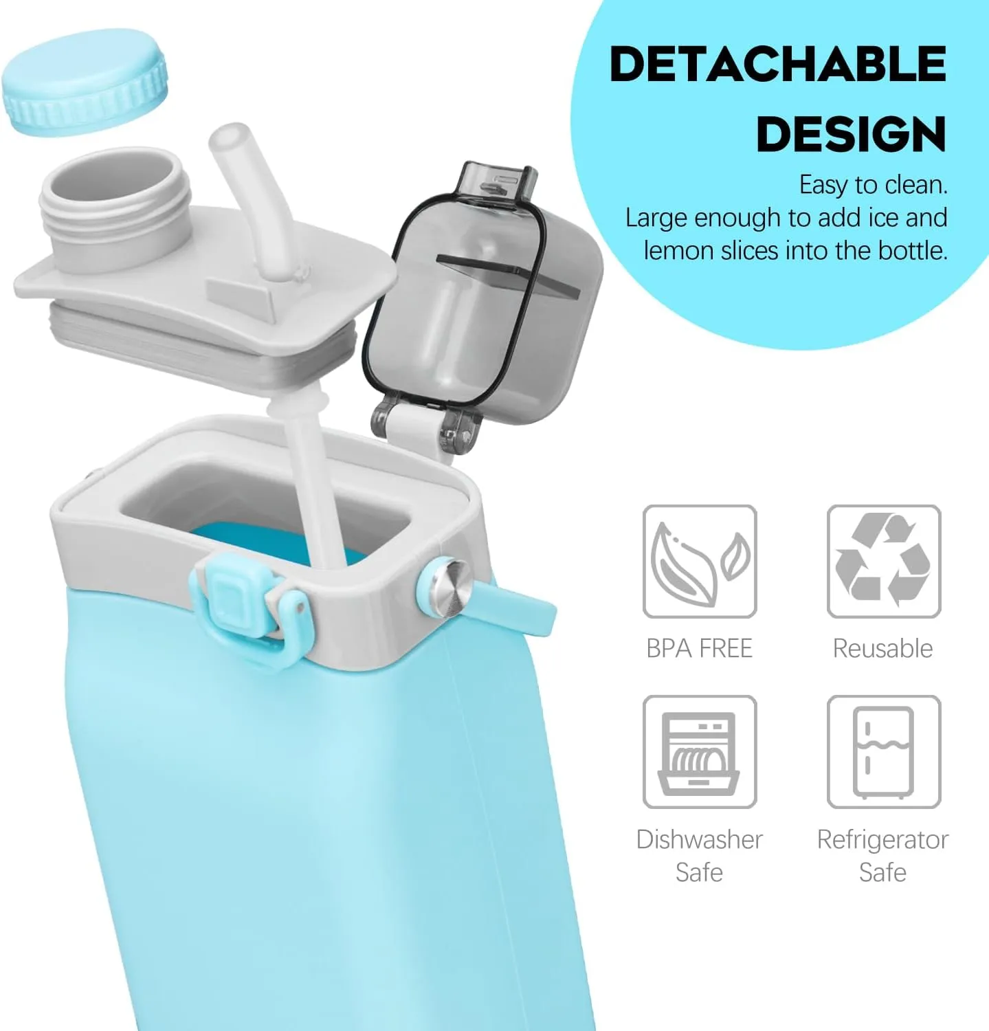 Collapsible Water Bottles, 20oz Silicone Reusable Water Bottle with Straw and Strap, Leakproof Foldable Sports Water Bottle for Travel Camping Running Hiking Gym, BPA Free