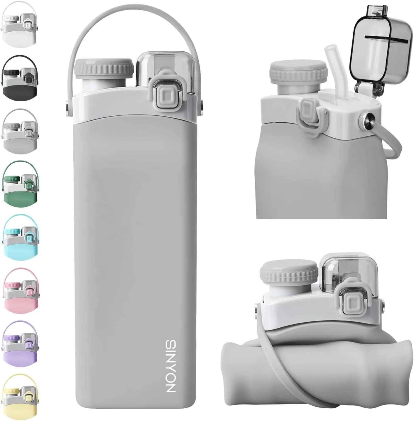Collapsible Water Bottles, 20oz Silicone Reusable Water Bottle with Straw and Strap, Leakproof Foldable Sports Water Bottle for Travel Camping Running Hiking Gym, BPA Free