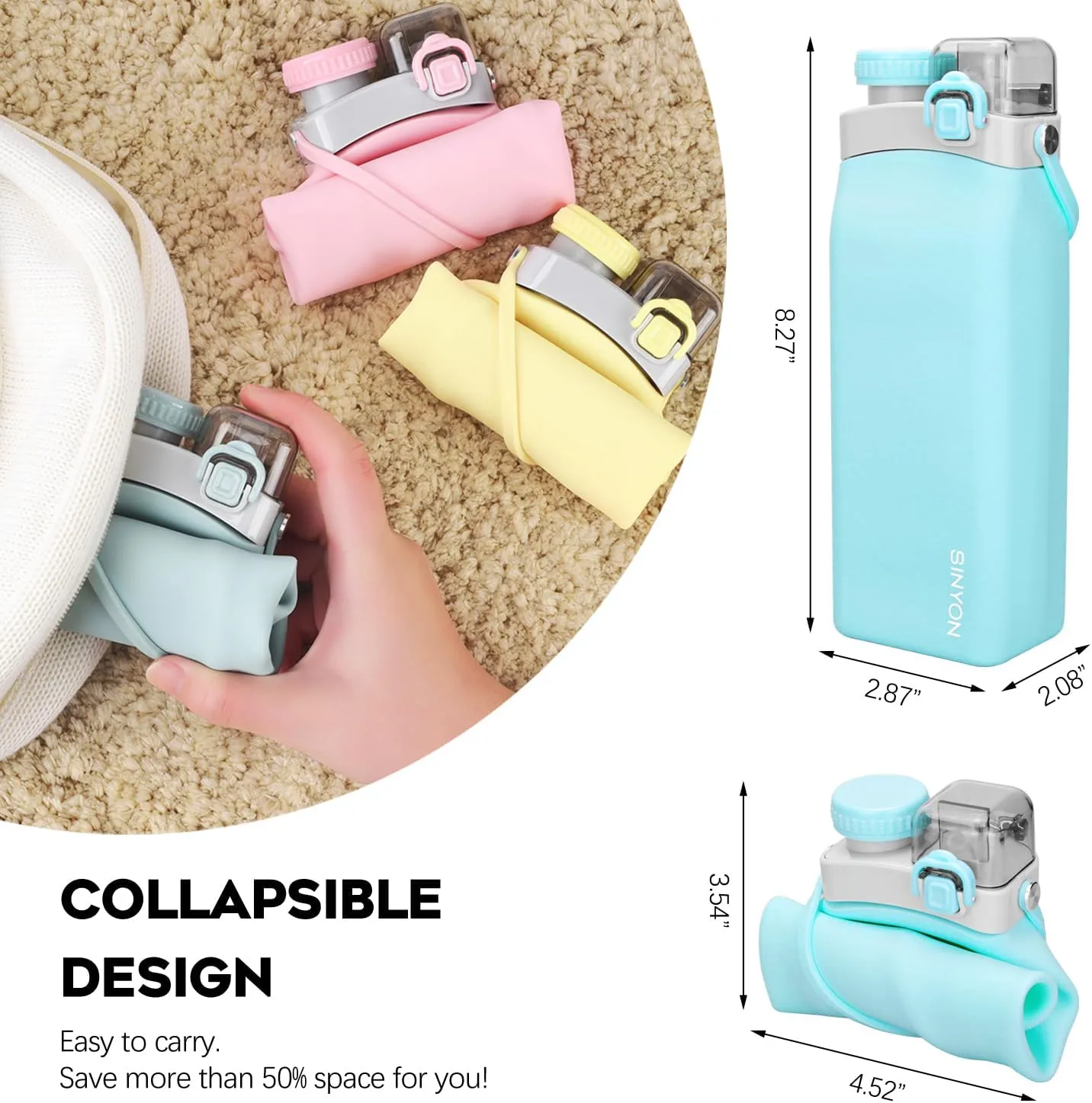 Collapsible Water Bottles, 20oz Silicone Reusable Water Bottle with Straw and Strap, Leakproof Foldable Sports Water Bottle for Travel Camping Running Hiking Gym, BPA Free