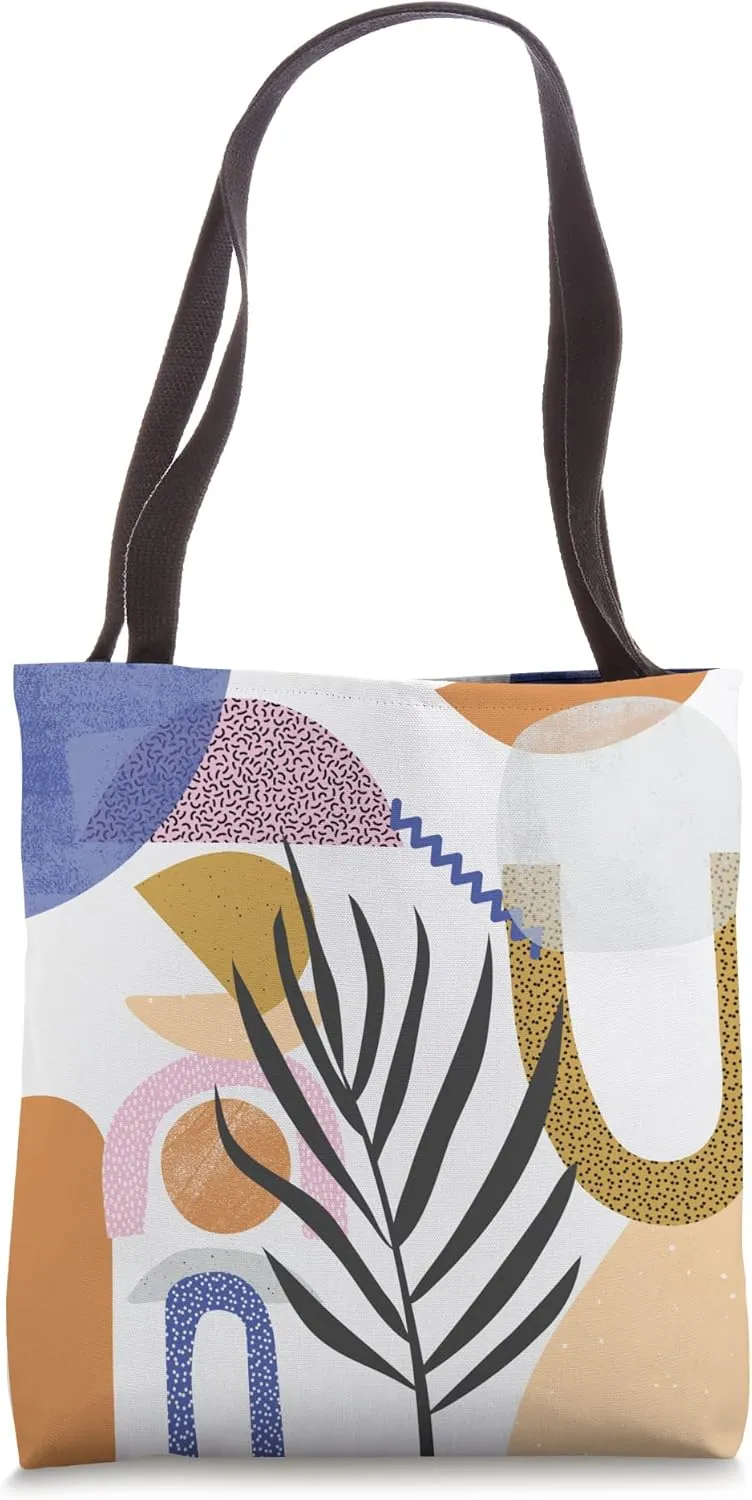 Colorful 80s Polka Dot Pattern And Abstract Leaf Print Tote Bag
