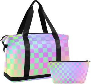 Colorful Laser Design Squares Travel Duffel Bags Large Carry On Airport Bag with Toiletry Bag for Airplane Traveling 2 Pcs Set