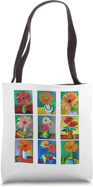 Colorful Oil Paintings 3x3 Grid Modern Art Gerbera Daisies Tote Bag