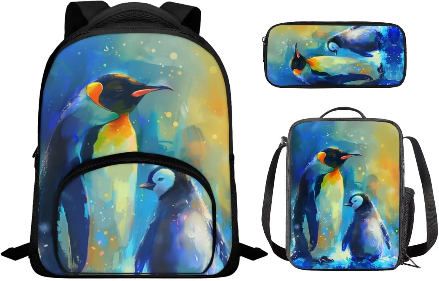 Colorful Penguins Print Backpack Set for Boys 8-12 Kids Backpack Set Large Capacity School Bag Thermal Meal Container Pen Case, Great Gifts for Child