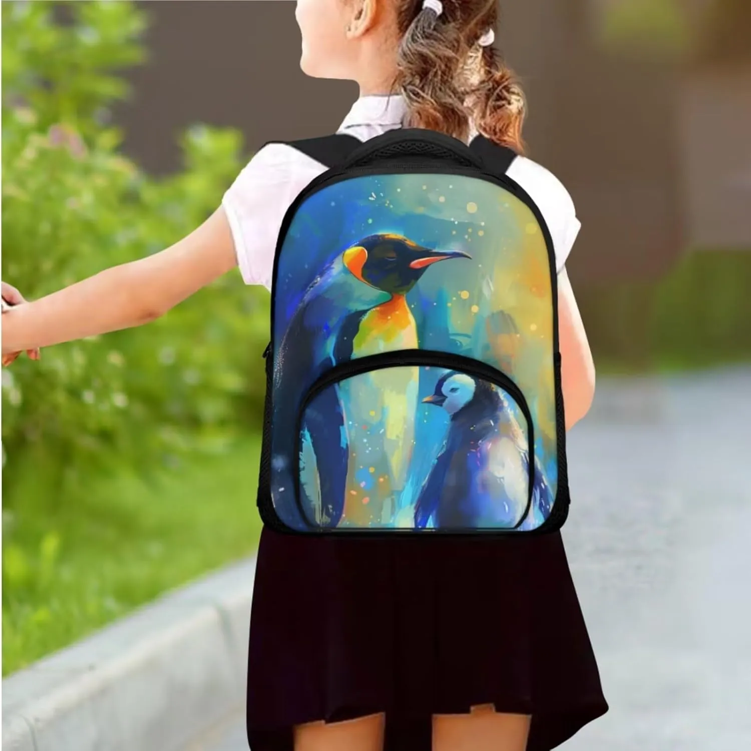 Colorful Penguins Print Backpack Set for Boys 8-12 Kids Backpack Set Large Capacity School Bag Thermal Meal Container Pen Case, Great Gifts for Child