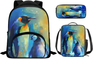 Colorful Penguins Print Backpack Set for Boys 8-12 Kids Backpack Set Large Capacity School Bag Thermal Meal Container Pen Case, Great Gifts for Child