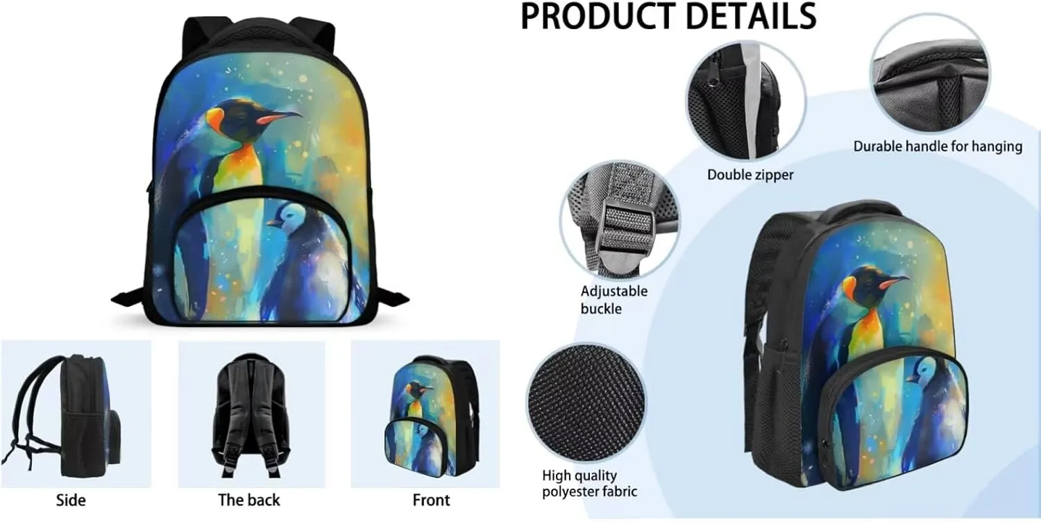 Colorful Penguins Print Backpack Set for Boys 8-12 Kids Backpack Set Large Capacity School Bag Thermal Meal Container Pen Case, Great Gifts for Child
